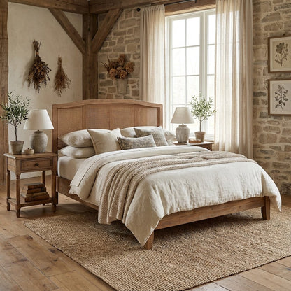 Brown Rubberwood Headboard Full Size, Synthetic Rattan Panel, Modern Design