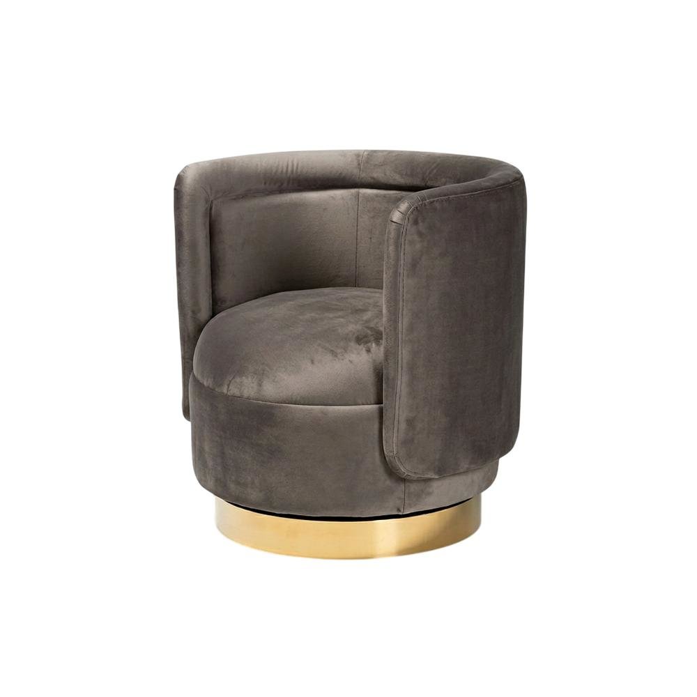 Glam Grey Velvet Accent Chair with Swivel Function and Gold Finish