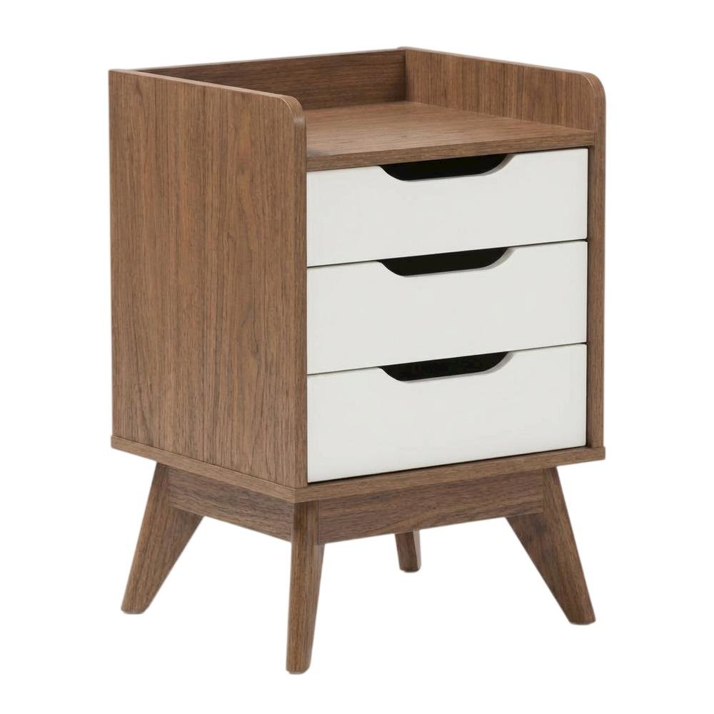 Mid-Century Modern Nightstand in White and Walnut Wood with Storage Drawers