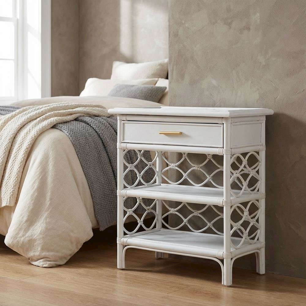 Rattan Nightstand with Coastal Style and White Leg Finish