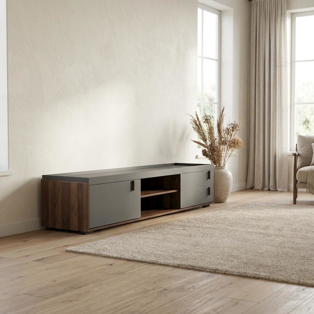 Gray and Walnut Two-Tone Wood TV Stand with Contemporary Style