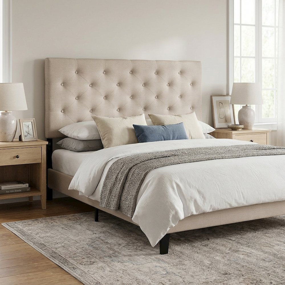Light Beige Button-Tufted Queen Headboard with Fabric Upholstery Hardwood Frame