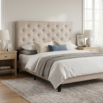 Light Beige Button-Tufted Queen Headboard with Fabric Upholstery Hardwood Frame