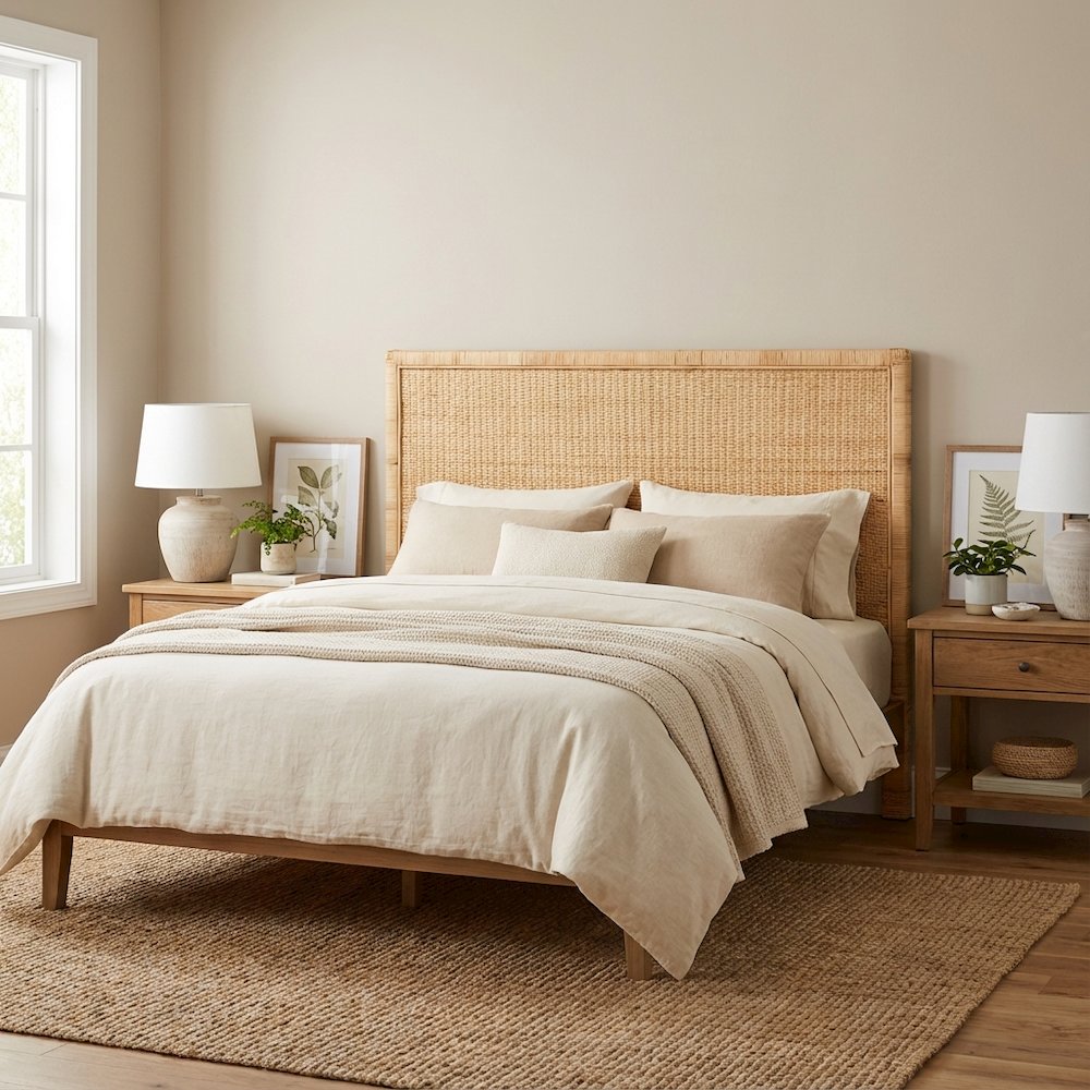 Brown Rattan and Mahogany Wood Headboard King Size Bohemian Style