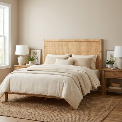 Brown Rattan and Mahogany Wood Headboard King Size Bohemian Style
