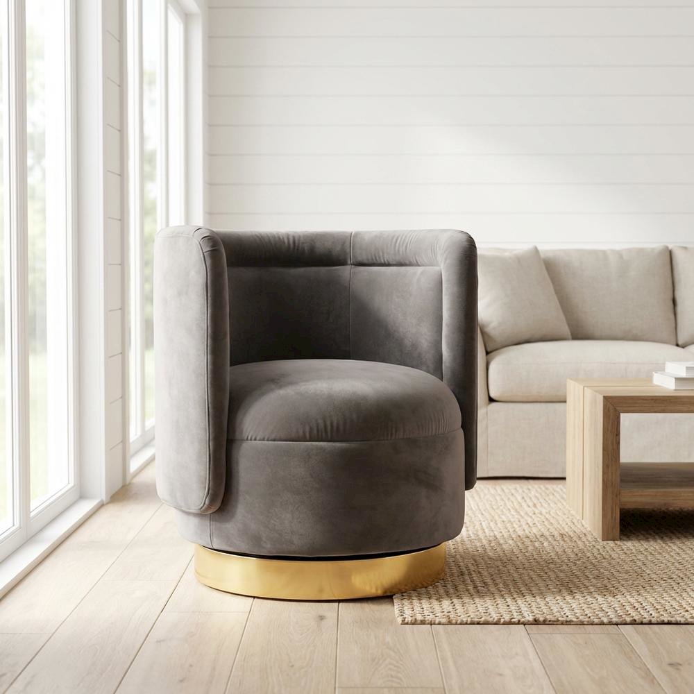 Glam Grey Velvet Accent Chair with Swivel Function and Gold Finish