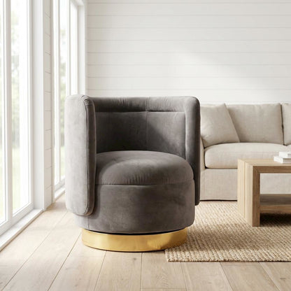 Glam Grey Velvet Accent Chair with Swivel Function and Gold Finish