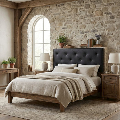 Black Faux Leather Queen Upholstered Headboard with Foam Padding and Wood Frame