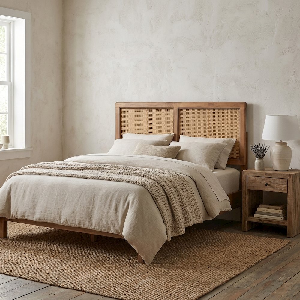 Brown Ash Walnut Finished Wood Headboard, Synthetic Rattan Frame, Mid-Century