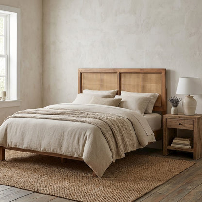 Brown Ash Walnut Finished Wood Headboard, Synthetic Rattan Frame, Mid-Century