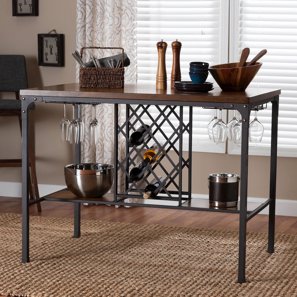 Vintner Industrial Brown and Black Pub Table with Built-In Wine Cage