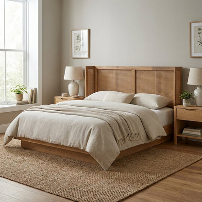 Brown Rubber Wood Queen Size Headboard with Wrap-Around Design and Modern Style