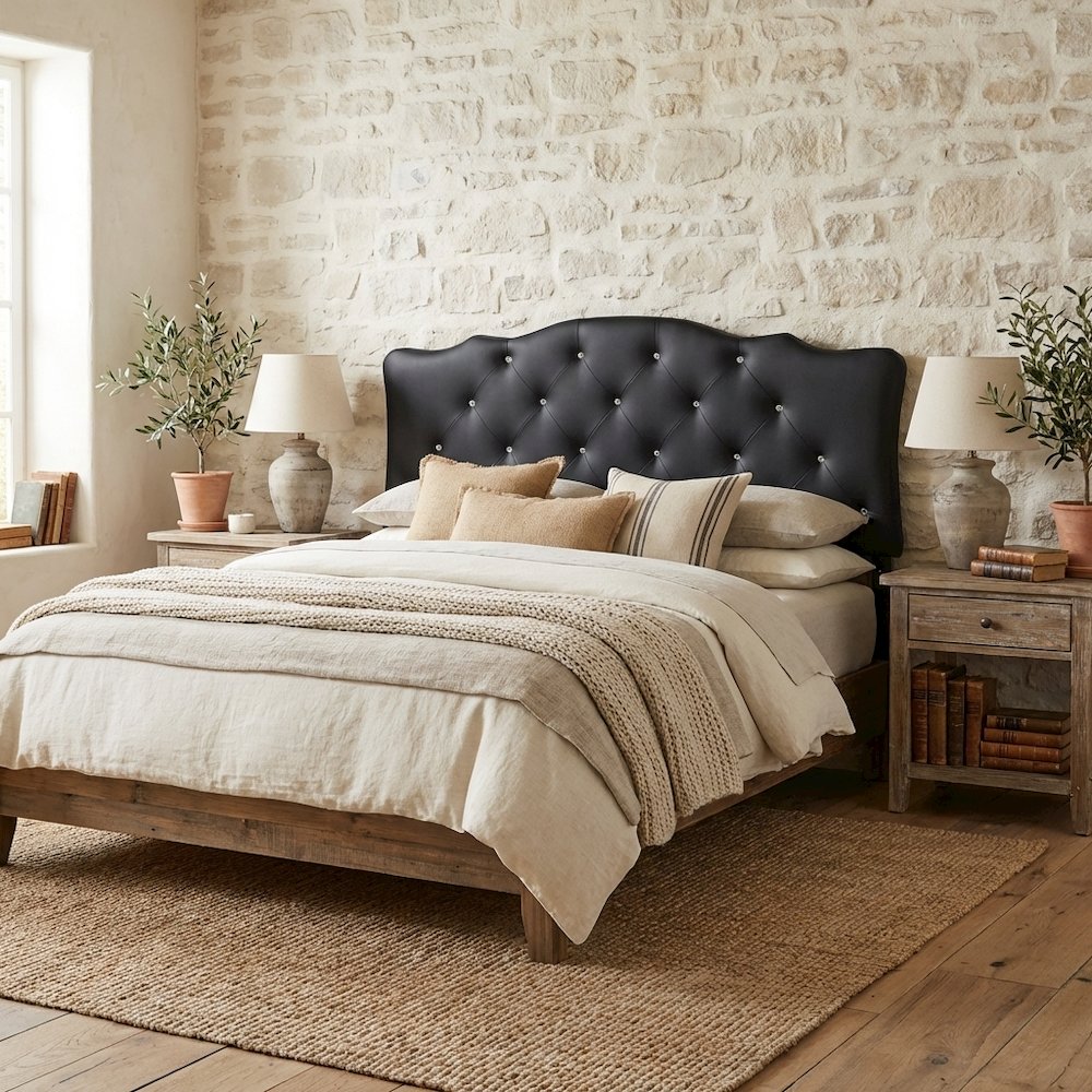 Black Faux Leather Queen Headboard, Button-Tufted Upholstery, Scalloped Design