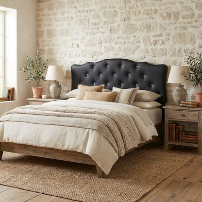 Black Faux Leather Queen Headboard, Button-Tufted Upholstery, Scalloped Design