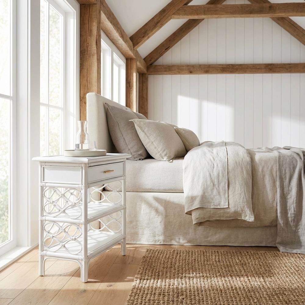 Rattan Nightstand with Coastal Style and White Leg Finish