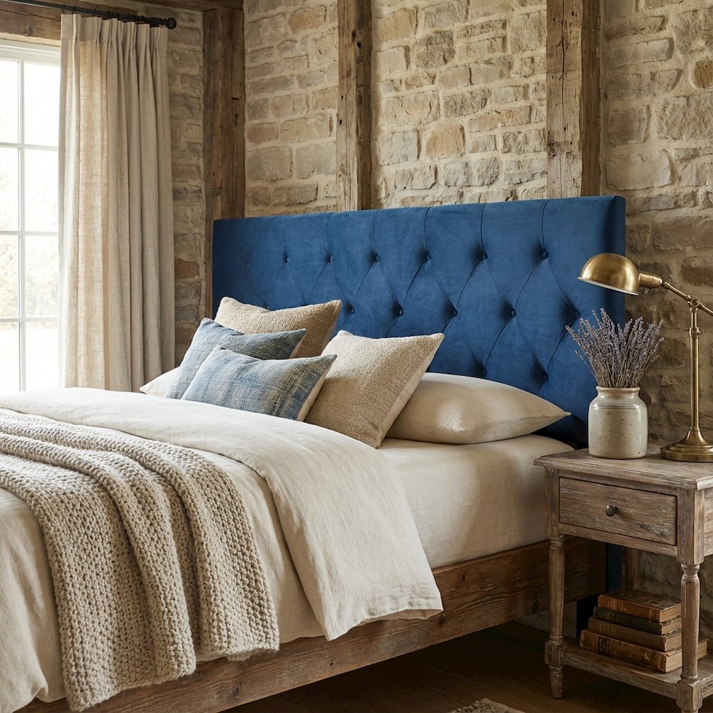 Navy Blue Velvet Upholstered Headboard with Diamond Tufting and Foam Padding