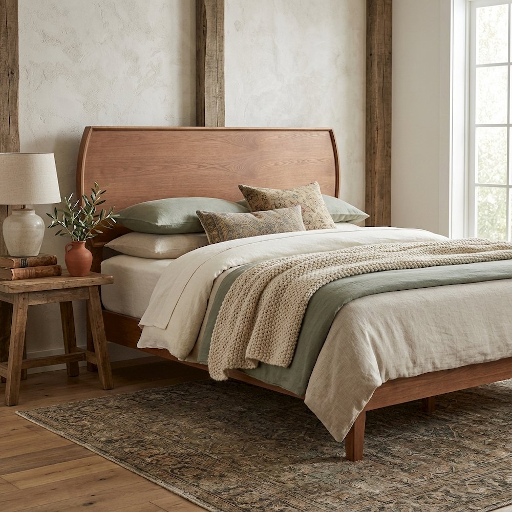 Brown Mid-Century Modern Queen Headboard with Rubberwood Frame and Wood Legs