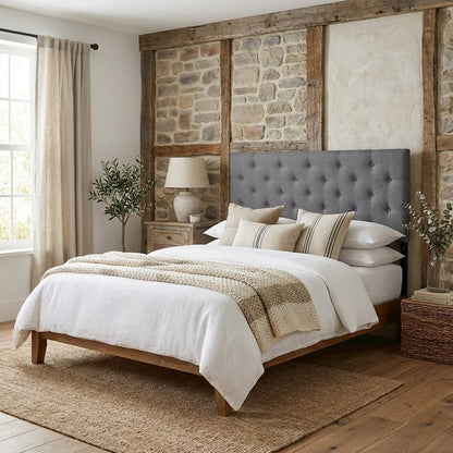 Grey Fabric Upholstered Button-Tufted Headboard with Hardwood Frame
