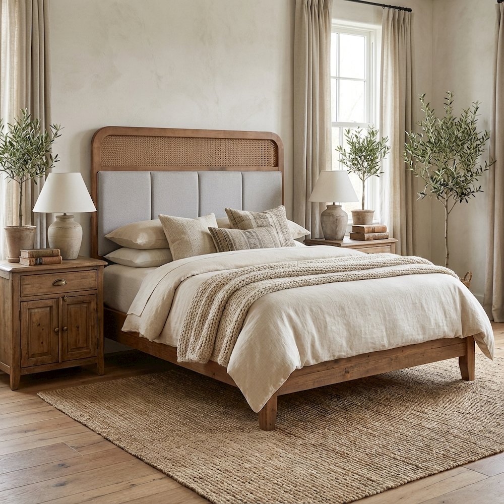 Light Grey Fabric King Size Headboard with Rubber Wood Frame and Rattan Accents
