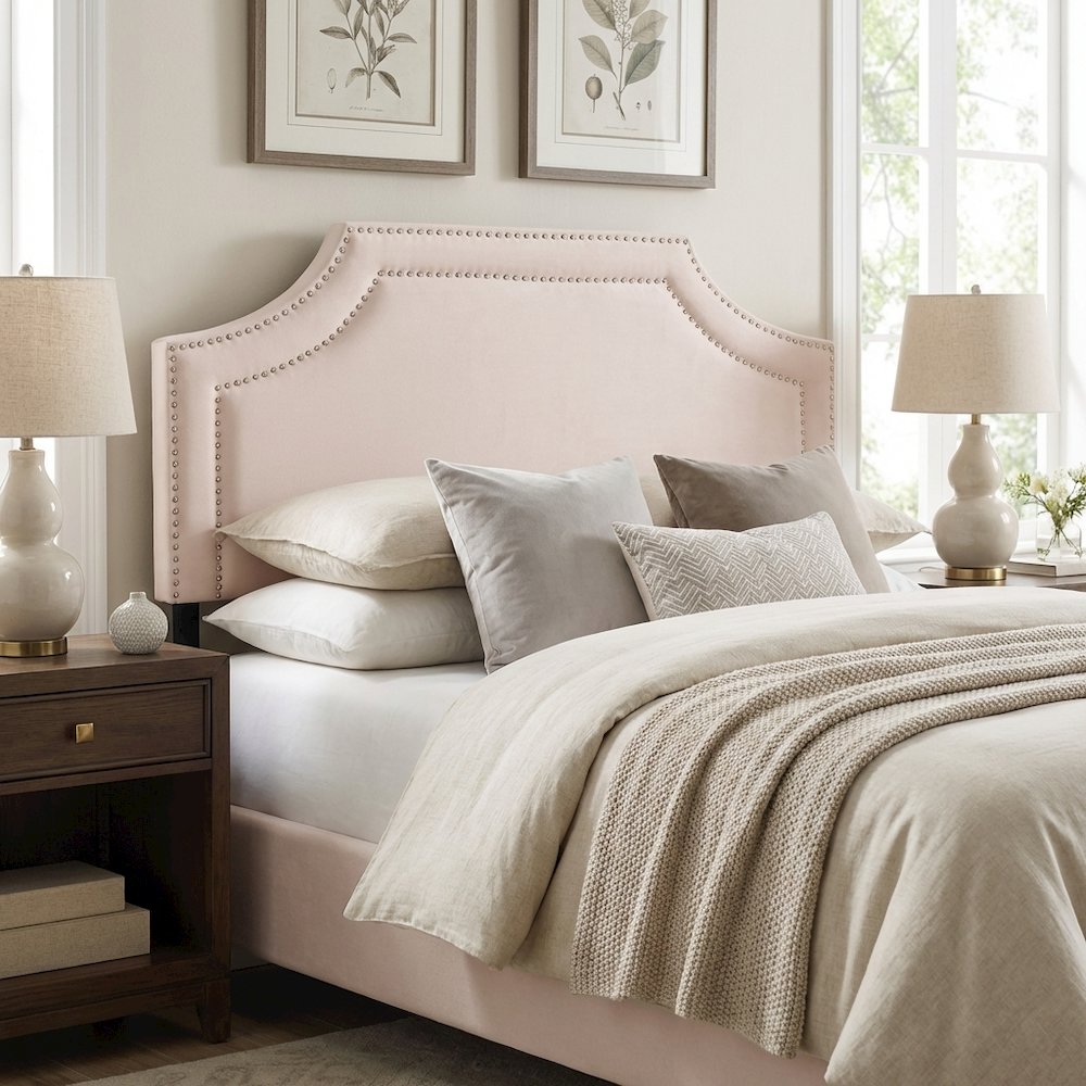 Light Pink Velvet Fabric Upholstered Queen Headboard, Foam Padding, Metal Legs