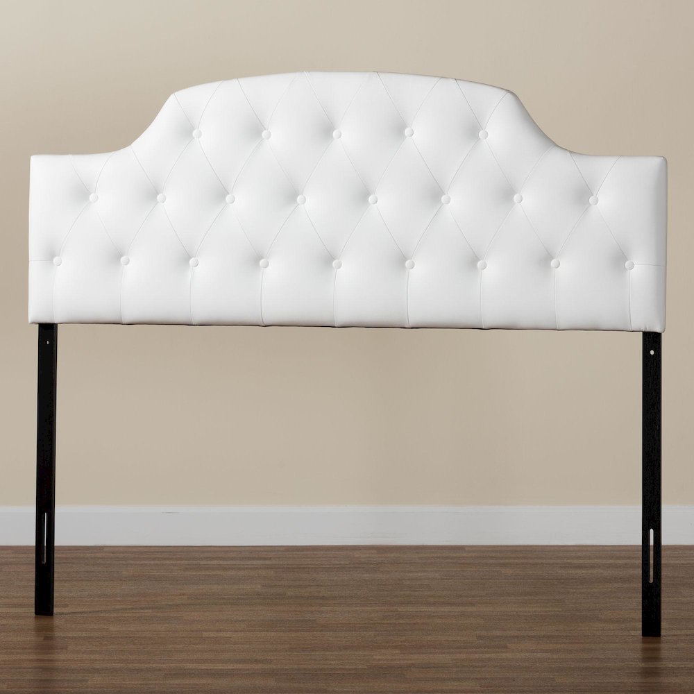 Queen Size White Faux Leather Upholstered Button-tufted Scalloped Headboard