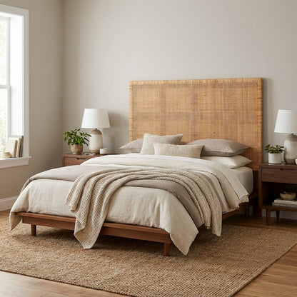 Red Teak Queen Headboard, Rattan Panels, Mahogany Wood Legs for Bohemian Decor