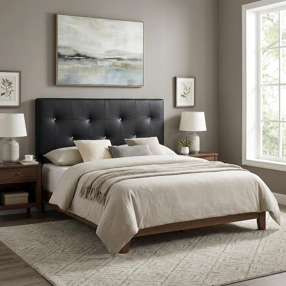 Black Faux Leather King Size Headboard with Foam Padding and Wood Frame