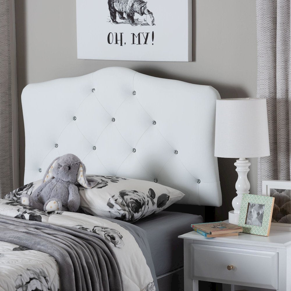 White Faux Leather Upholstered Button-Tufted Scalloped Twin Size Headboard