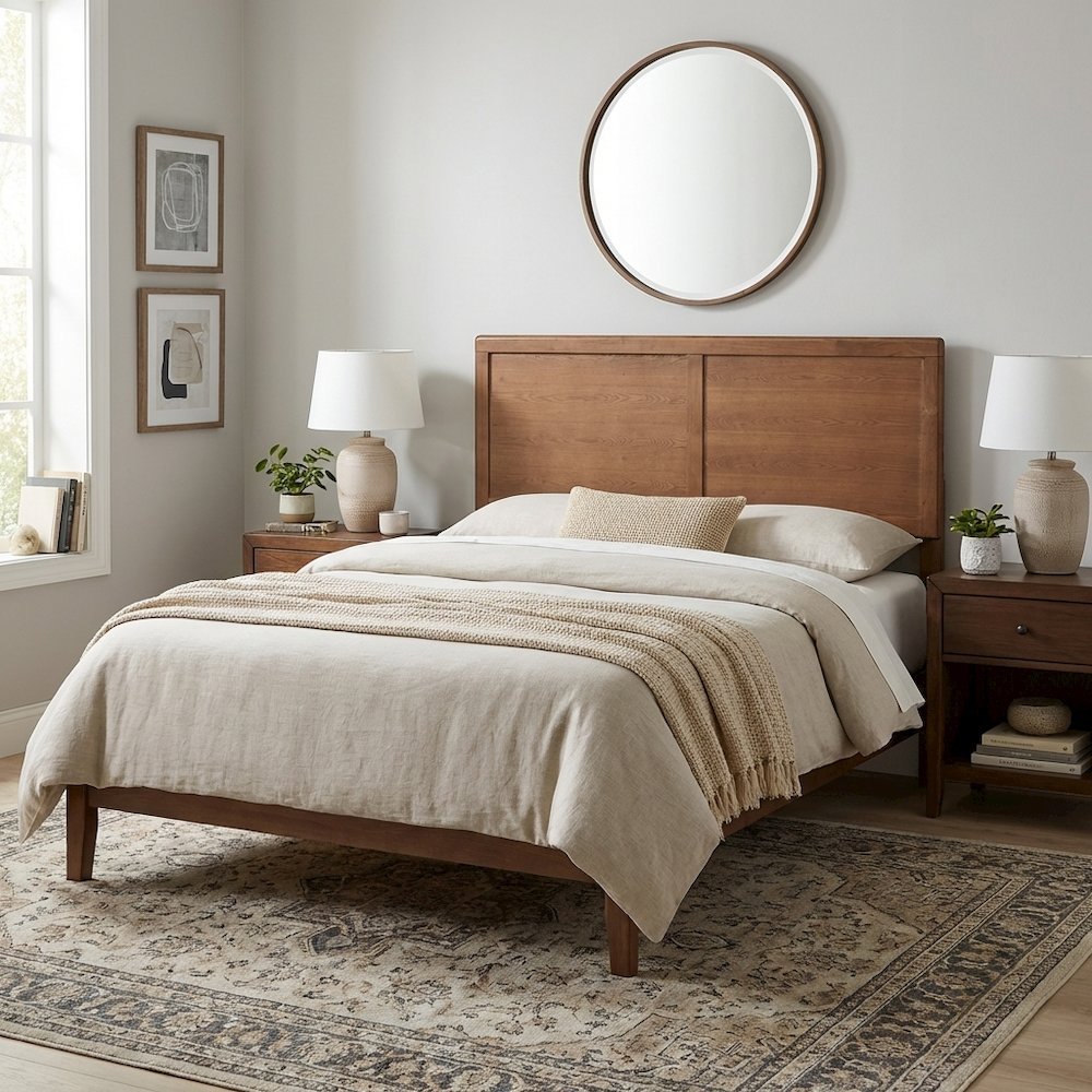 Walnut Brown Rubberwood Queen Headboard with Mid-Century Design and Sturdy Frame