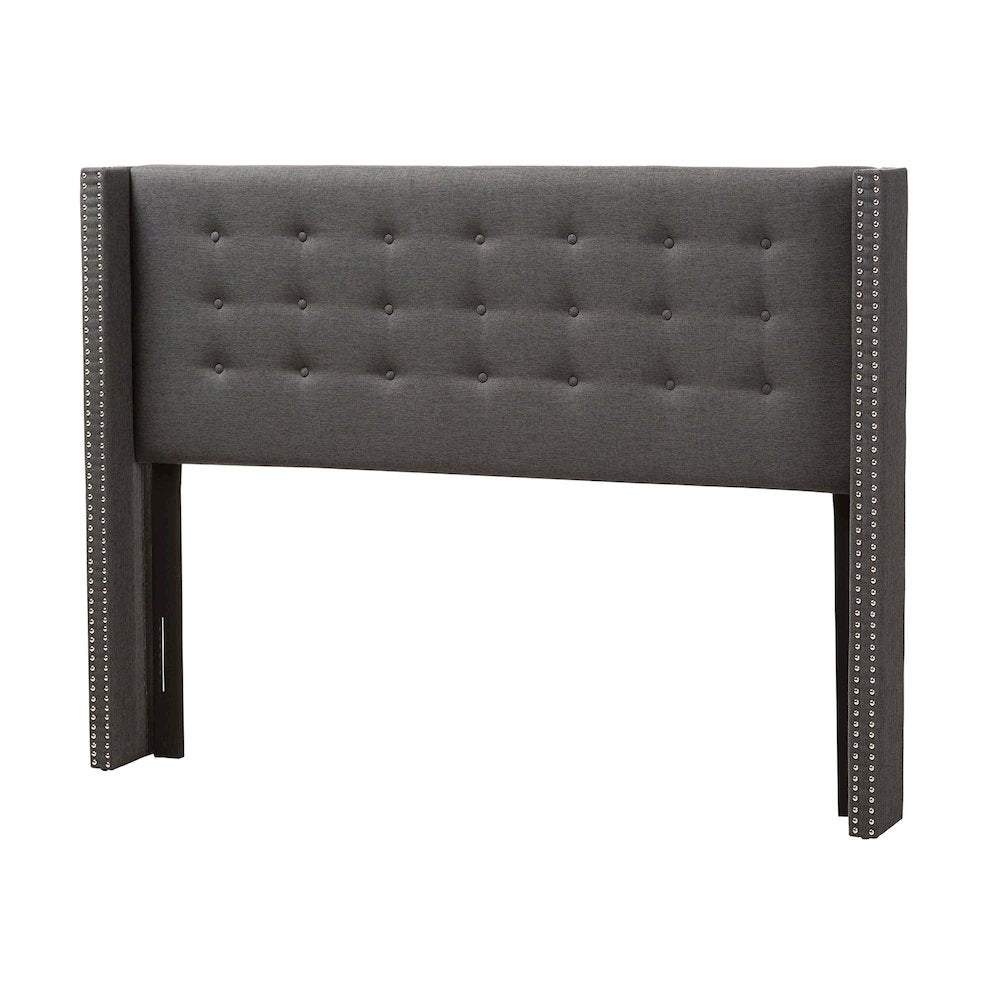 Dark Grey Fabric Button-Tufted Nail head King Size Winged Headboard