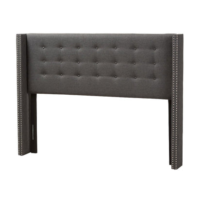 Dark Grey Fabric Button-Tufted Nail head King Size Winged Headboard