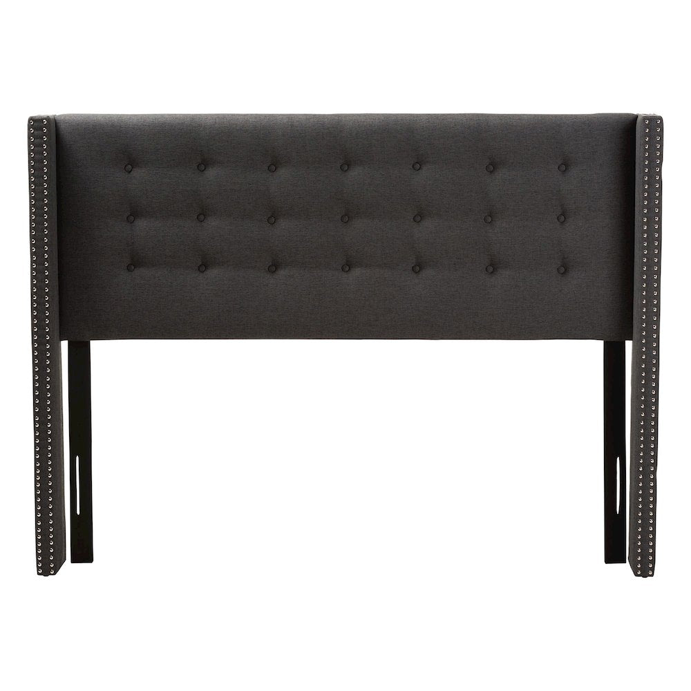 Dark Grey Fabric Button-Tufted Nail head King Size Winged Headboard