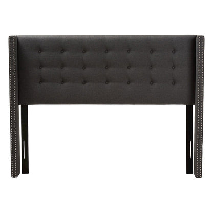 Dark Grey Fabric Button-Tufted Nail head King Size Winged Headboard