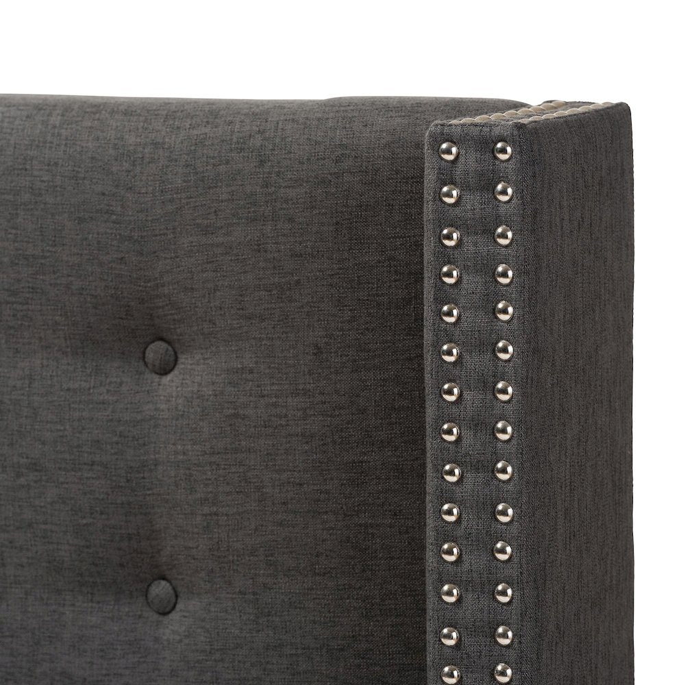 Dark Grey Fabric Button-Tufted Nail head King Size Winged Headboard