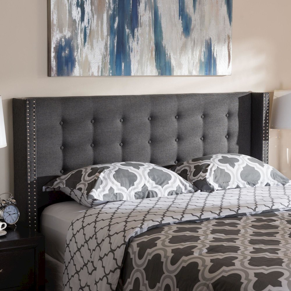Dark Grey Fabric Button-Tufted Nail head King Size Winged Headboard