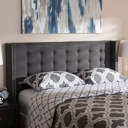 Dark Grey Fabric Button-Tufted Nail head King Size Winged Headboard