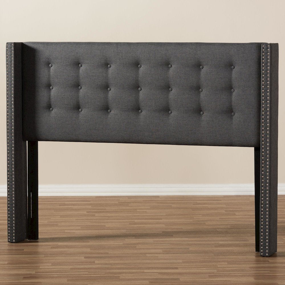 Dark Grey Fabric Button-Tufted Nail head King Size Winged Headboard