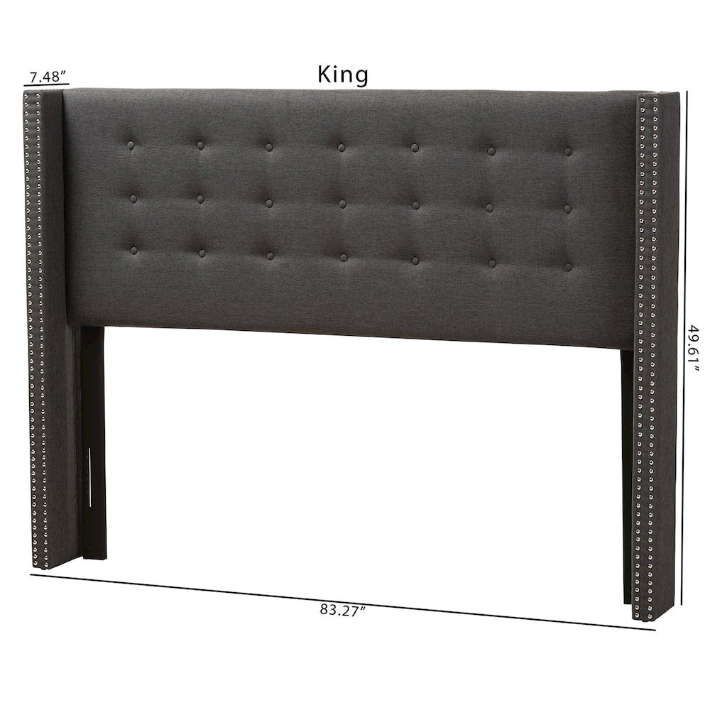 Dark Grey Fabric Button-Tufted Nail head King Size Winged Headboard