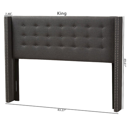 Dark Grey Fabric Button-Tufted Nail head King Size Winged Headboard