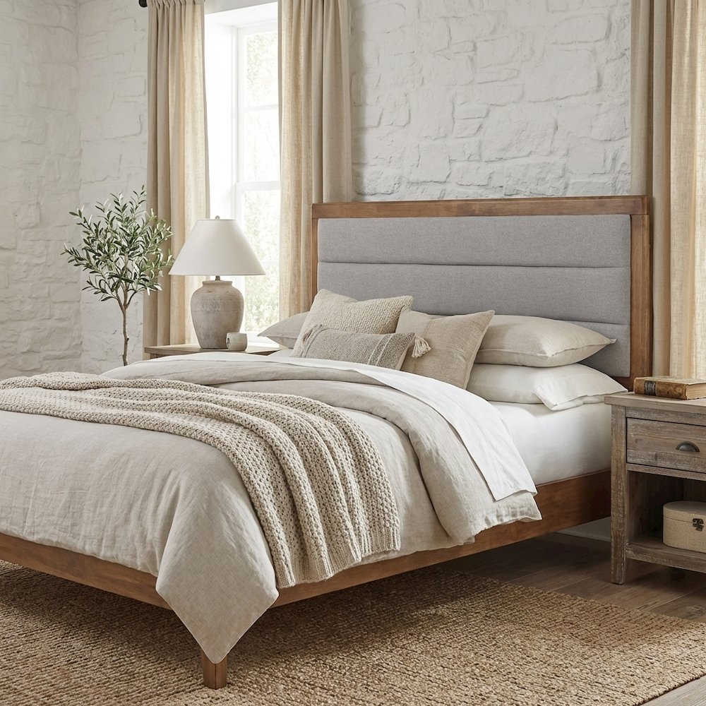 Walnut Brown Wood Queen Headboard with Channel Tufted Fabric Foam Upholstery