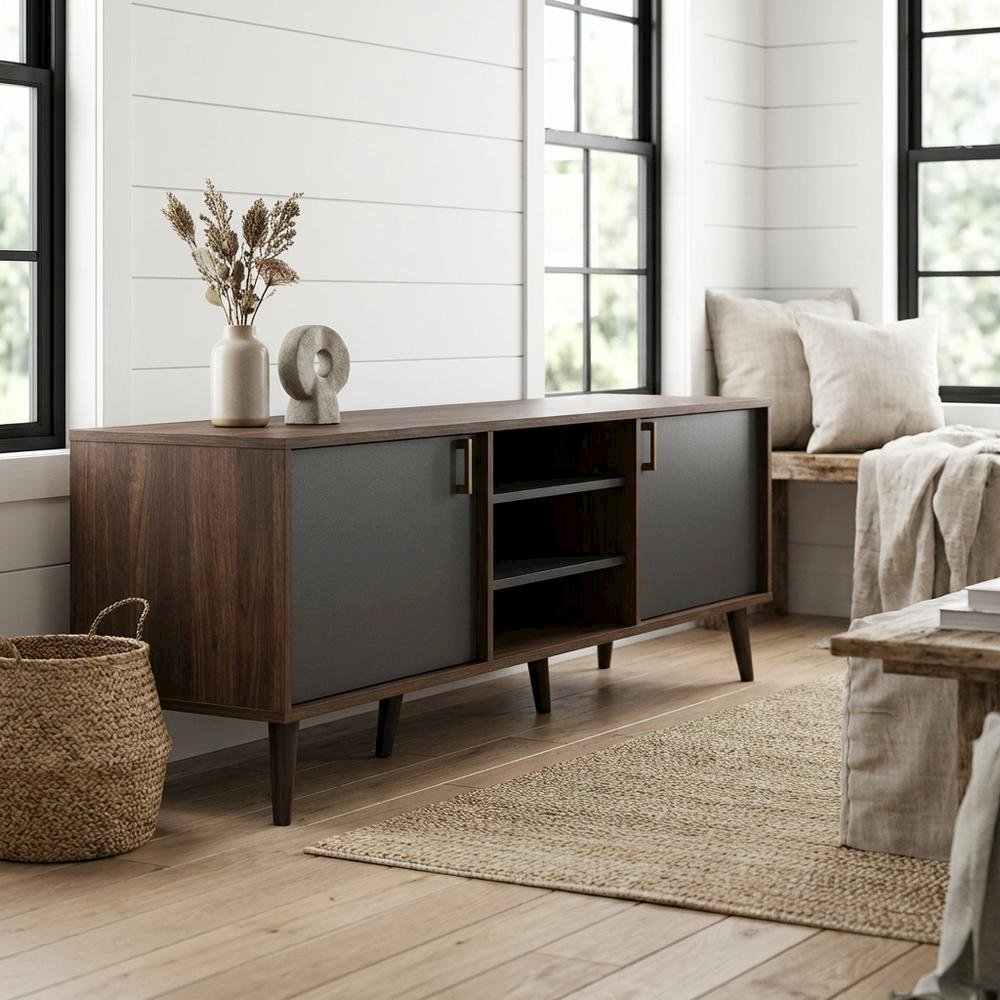 Mid-Century Modern Brown and Dark Grey TV Stand with Particle Board Finish
