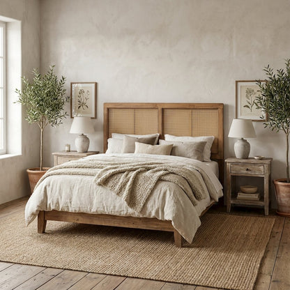 Ash Walnut Finished Queen Headboard with Synthetic Rattan and Rubberwood Frame