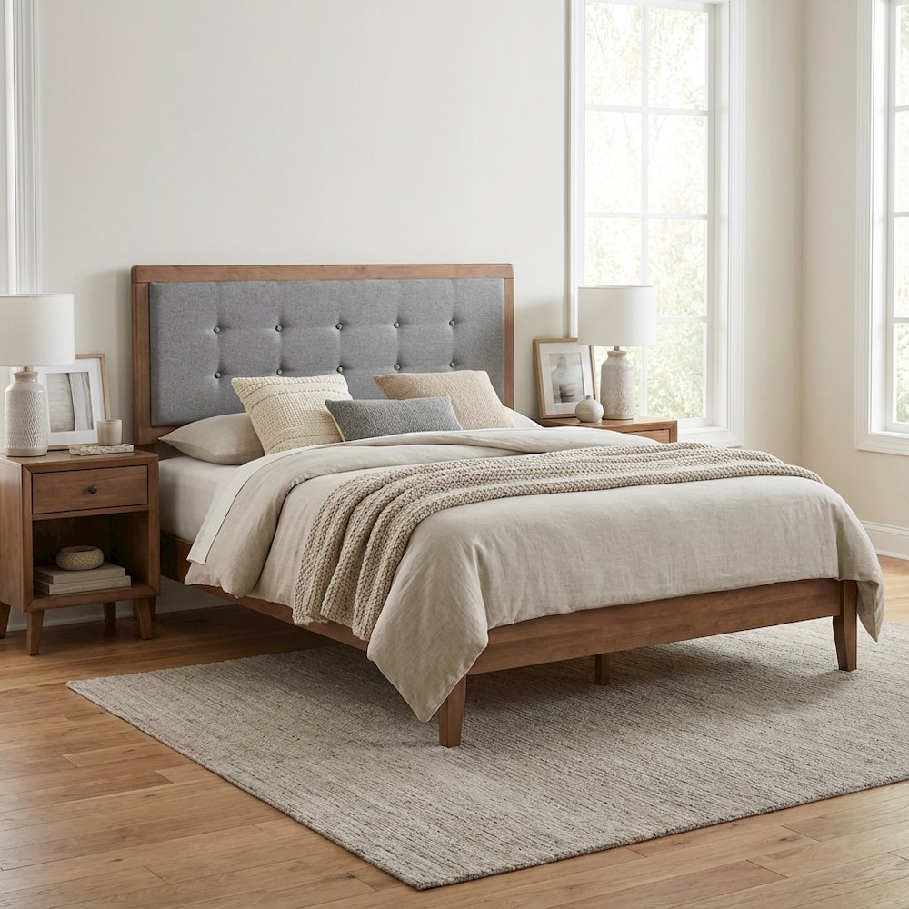 Dark Grey Fabric Upholstered Headboard with Button Tufting Rubberwood Frame