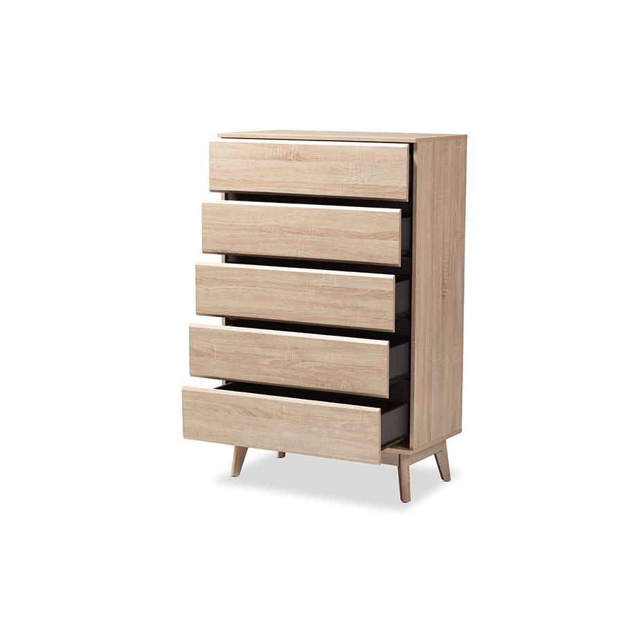 Miren Mid-Century Modern Light Oak and Dark Grey 5-Drawer Chest