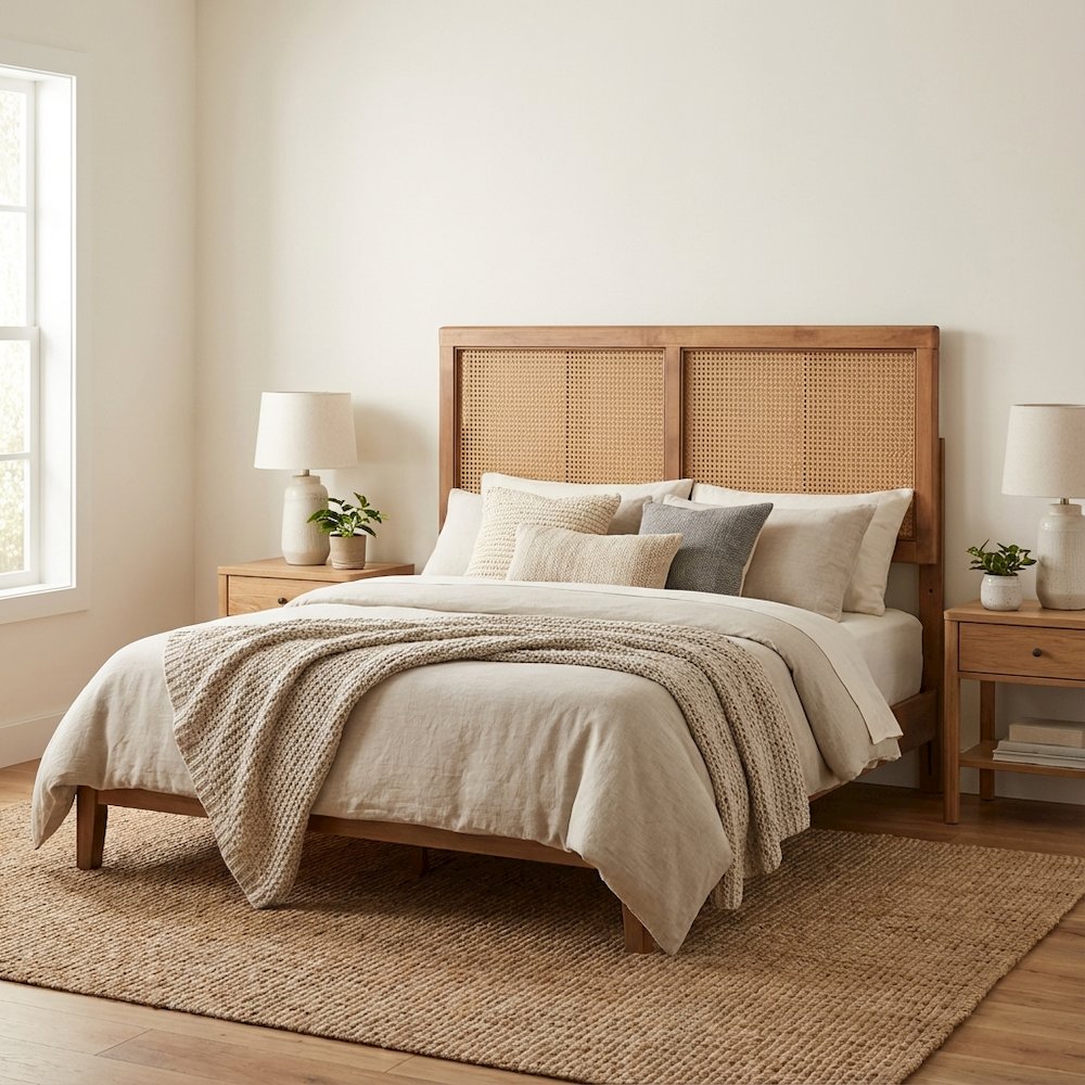 Brown Ash Walnut Finished Wood Headboard, Synthetic Rattan Frame, Mid-Century