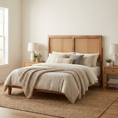 Brown Ash Walnut Finished Wood Headboard, Synthetic Rattan Frame, Mid-Century