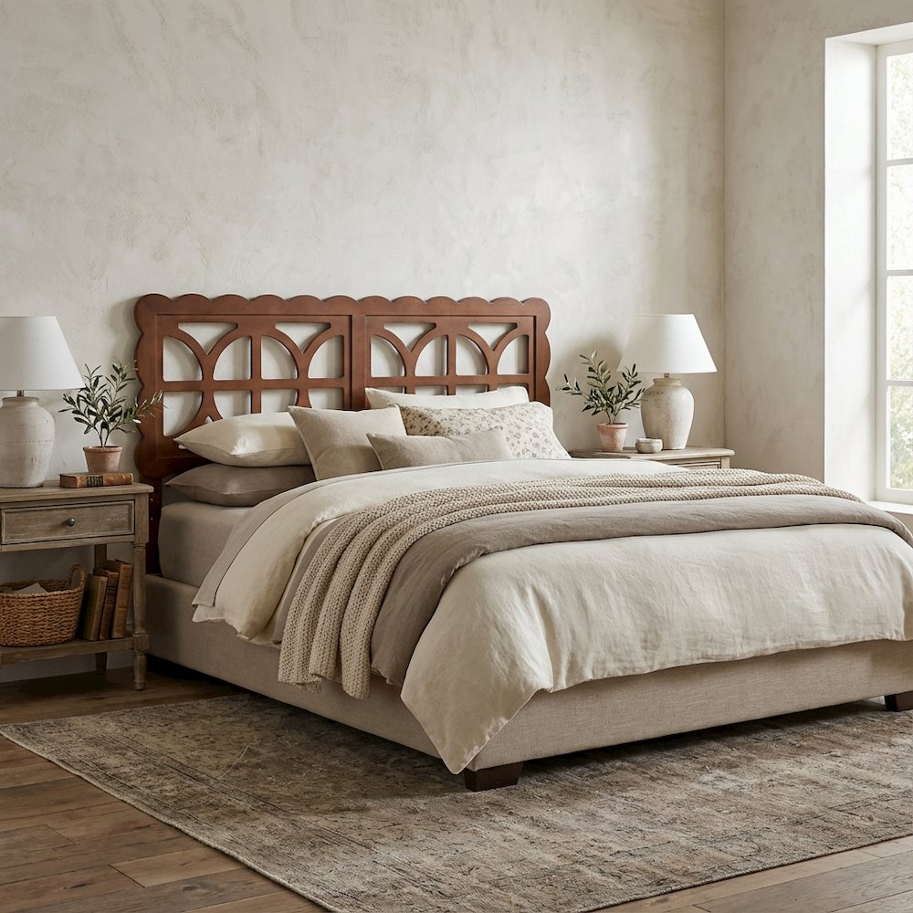 Wood Full Headboard Walnut Brown, Scalloped Frame, Geometric Cutout Panel