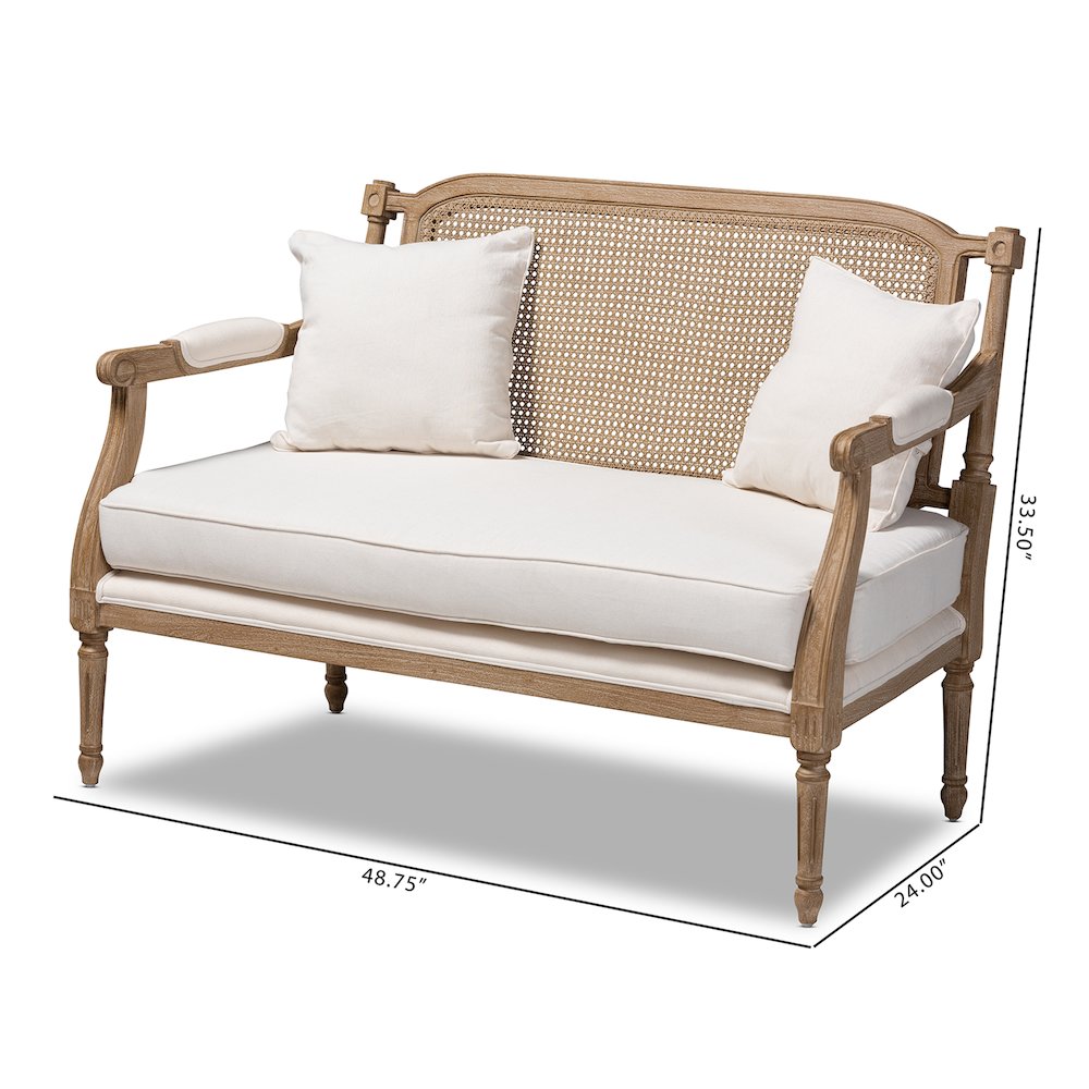 Clemence French Provincial Ivory Fabric Upholstered Whitewashed Wood Loveseat