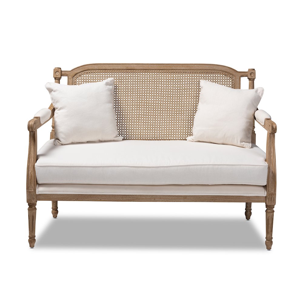 Clemence French Provincial Ivory Fabric Upholstered Whitewashed Wood Loveseat
