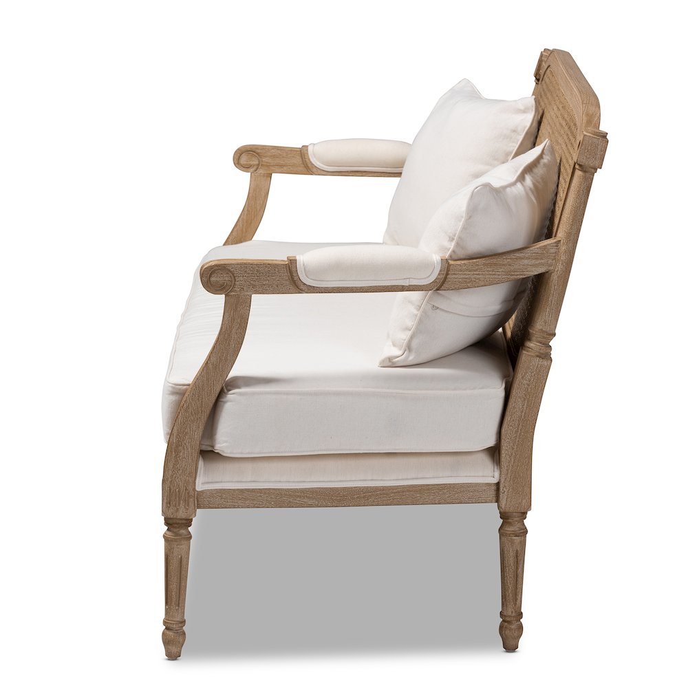 Clemence French Provincial Ivory Fabric Upholstered Whitewashed Wood Loveseat